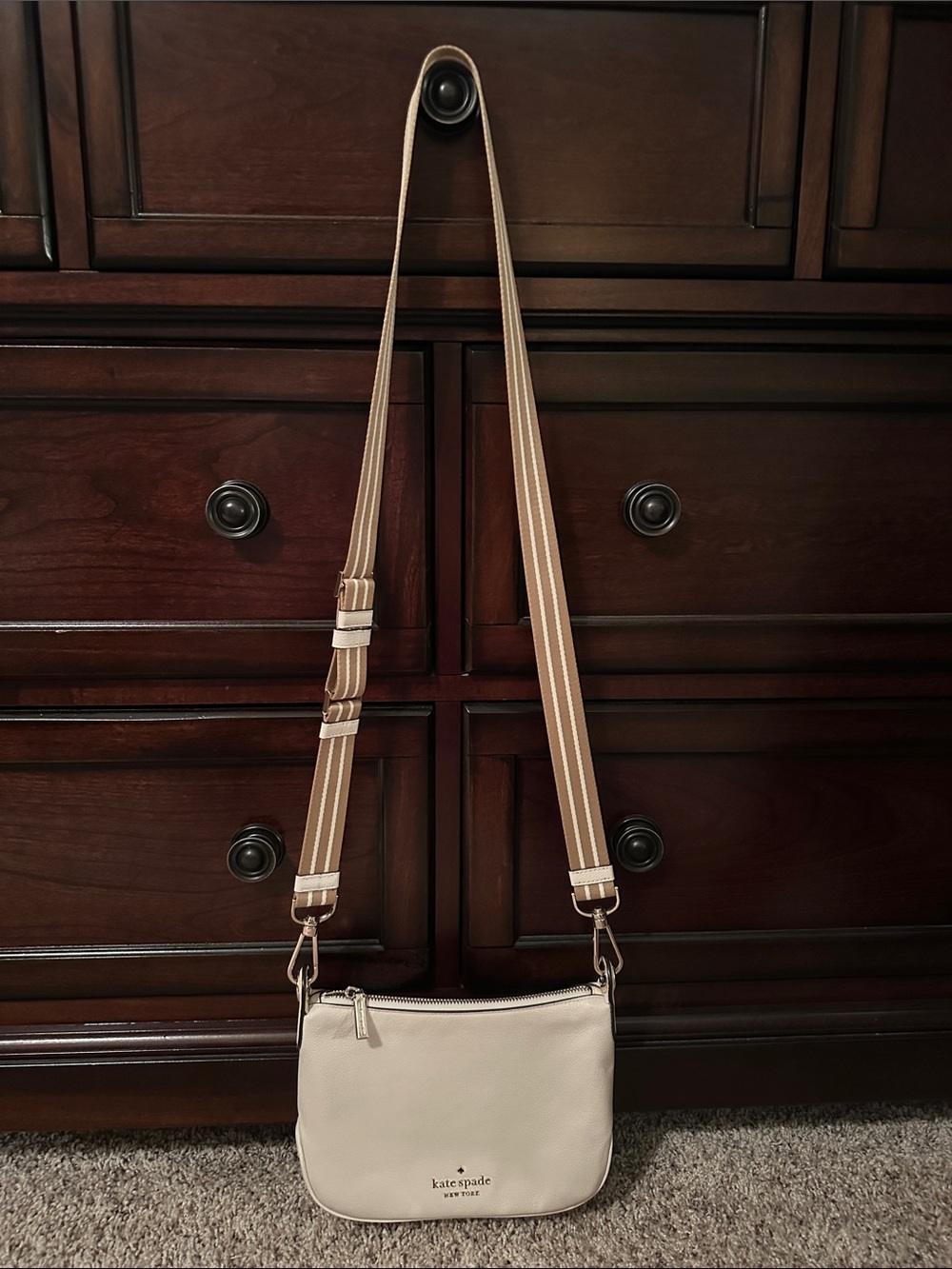 kate spade Cream Leather Crossbody with Striped Adjustable Strap